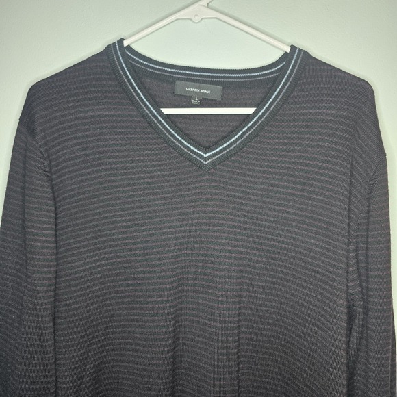 Saks Fifth Avenue Sweater Vneck Wool Blend Black Striped Mens L - Picture 3 of 9